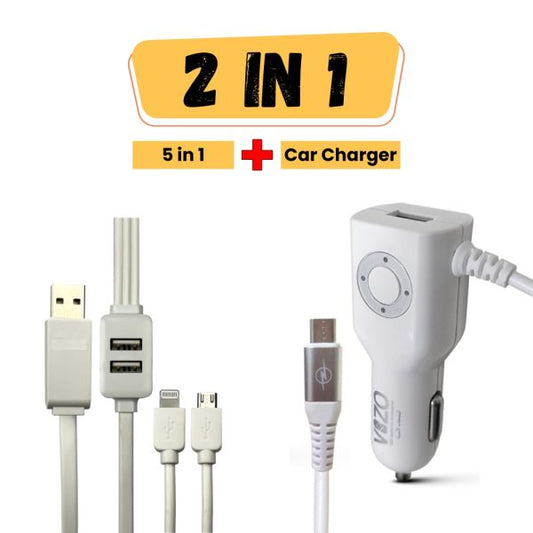 Bundle 8 / 5 In 1 Cable + Daimond Car Charger 1 | Vizo 5-in1 Fast Data Cable